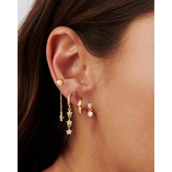 Dainty 14K Gold Plated 4 pearl chain set-GD Hoops Trendy Earring Set for Women - Picture 3 of 7